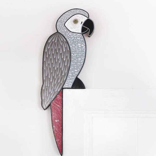 African grey parrot door topper, wooden tropical bird decoration for door.