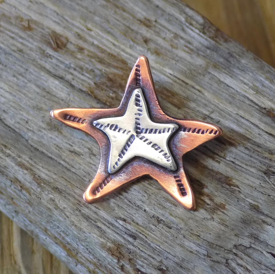 Copper and silver starfish small brooch, pin mixed metals