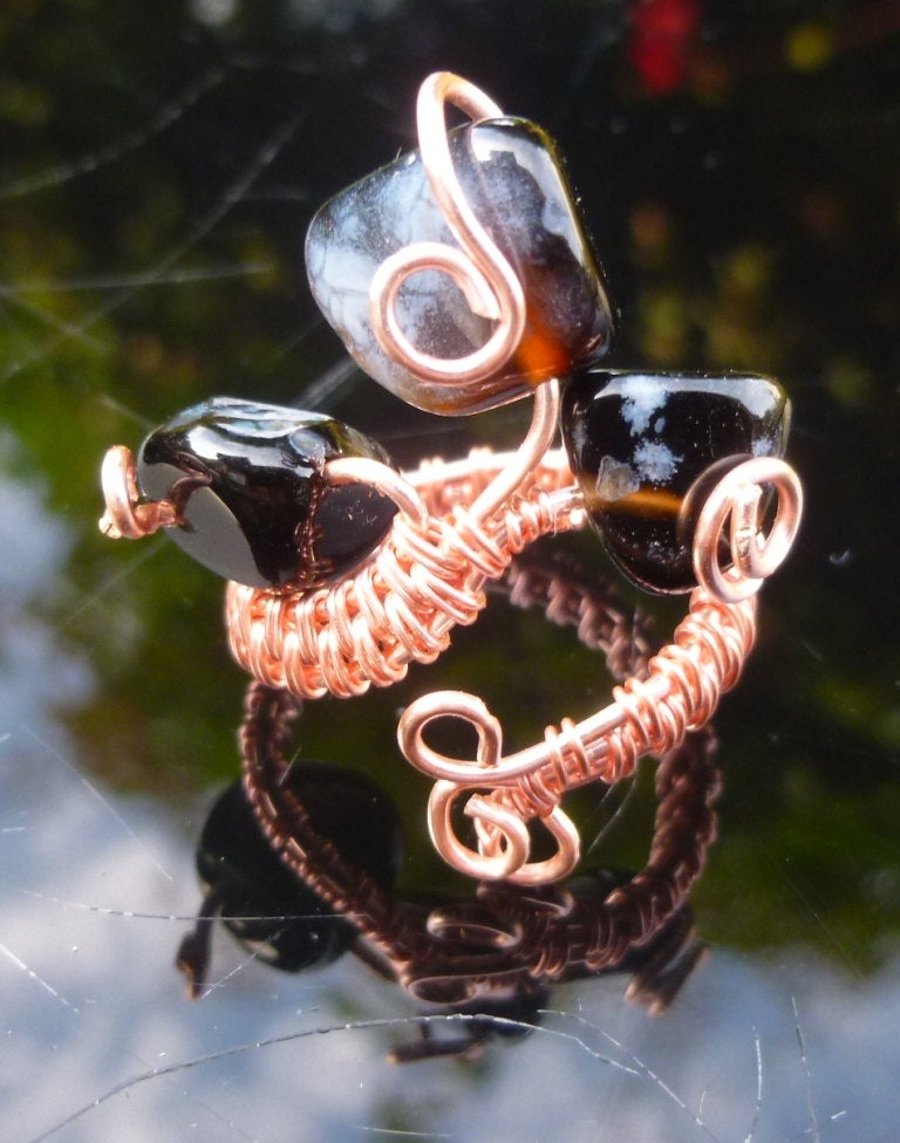 Onyx Adjustable Rose Gold Wire Wrapped Ring, Leo Gift, Capricorn Present,