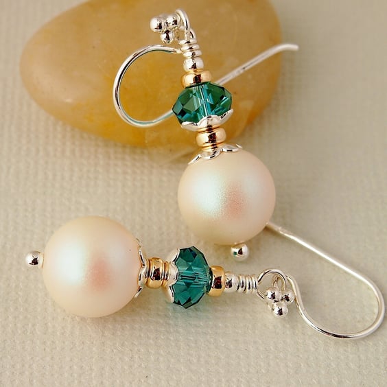 White Pearl Earrings - Teal - Sterling Silver