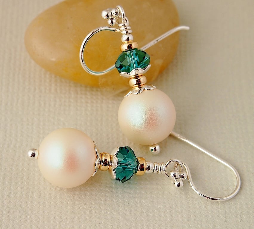 White Pearl Earrings - Teal - Sterling Silver