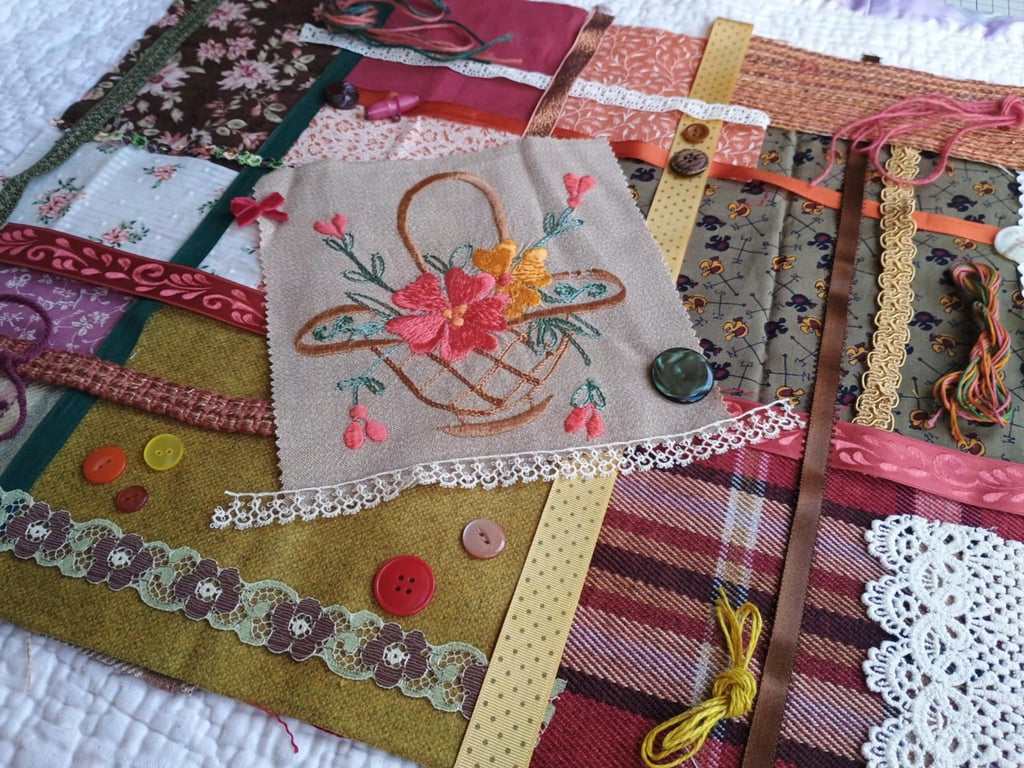 Slow Stitching Flower Basket - vintage floral embroidrered textile kit