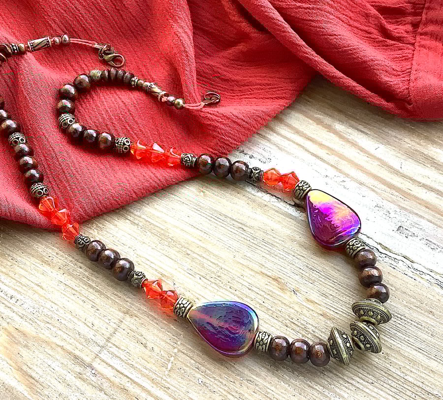 Chunky wooden bead necklace, bold, statement necklace Boho rustic, 