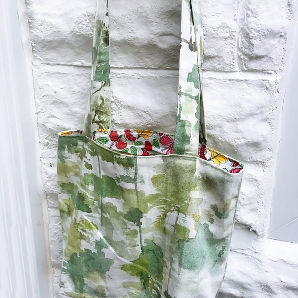 Shoulder Bag, Green Trees Linen Fabric , Eco Friendly Reusable Bag