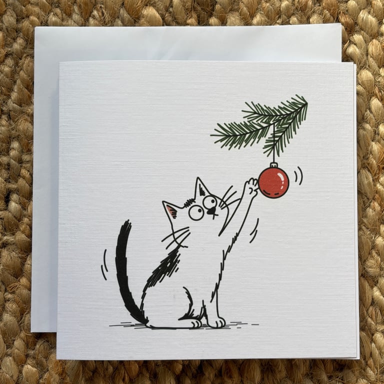 Funny Cat Christmas Card – Cat Playing with Bauble Greeting Card
