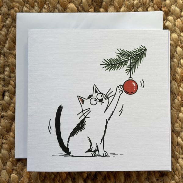 Funny Cat Christmas Card – Cat Playing with Bauble Greeting Card