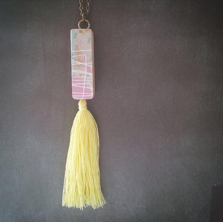 Hand Printed Wooden Tassel Necklace - Wooden Pendant - Reclaimed Wood Jewellery