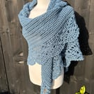 Blue grey alpaca rich lace triangle draping shawl 