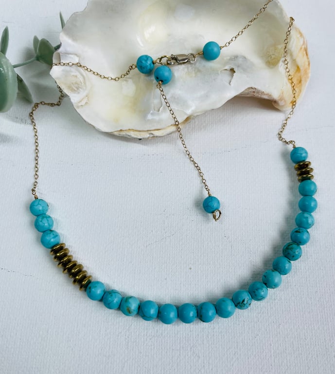 Turquoise Howlite and gold plated Hematite necklace