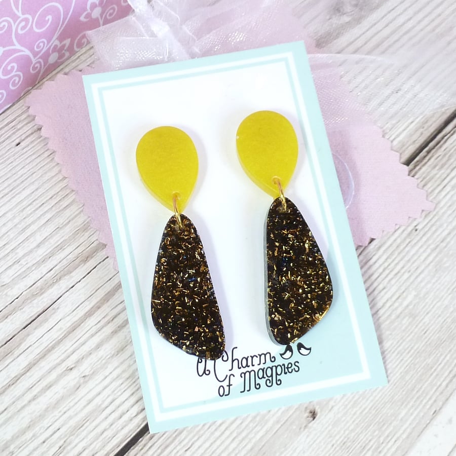 Bright yellow, black and gold bright summer earrings, fun funky and colourful 