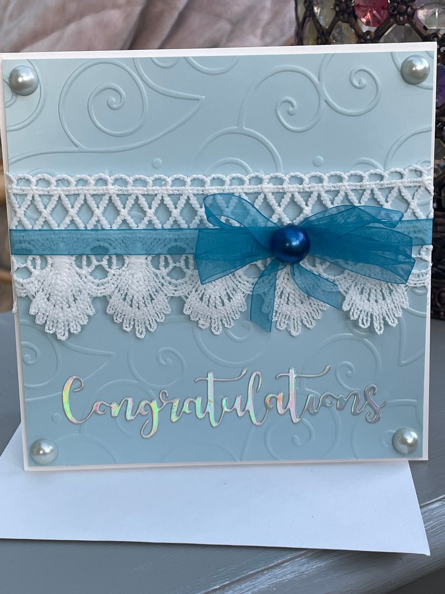 Luxury lace, ribbon and pearls congratulations card