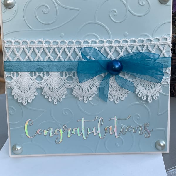 Luxury lace, ribbon and pearls congratulations card