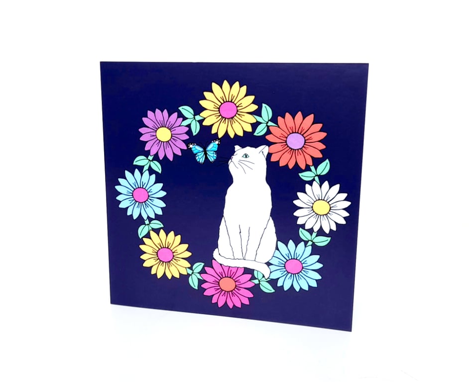 White Cat Greetings Card, Cute Art