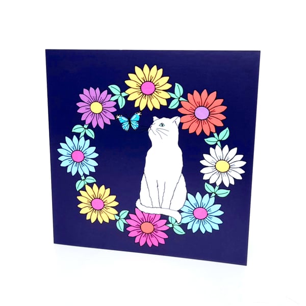 White Cat Greetings Card, Cute Art