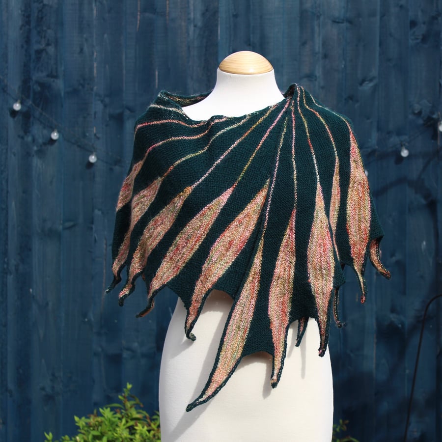 Hand-knit bottle green pure wool wrap featuring knit pink feathers - OOAK