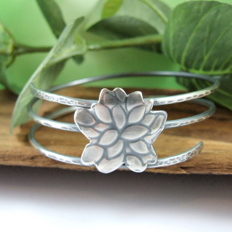 Sterling Silver Wide Open Spiral Bangle with Chrysanthemum