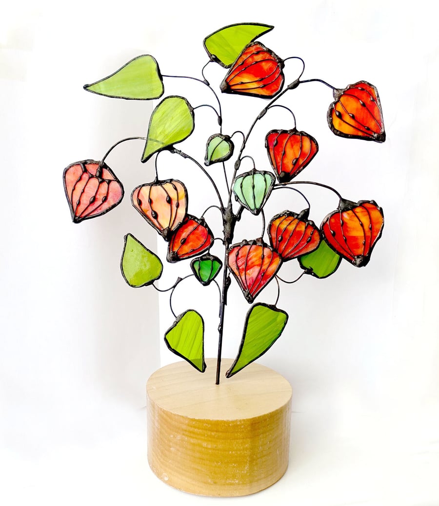 Stained Glass Chinese Lantern Plant -Physalis - Glass Art Ornament with Gift Box