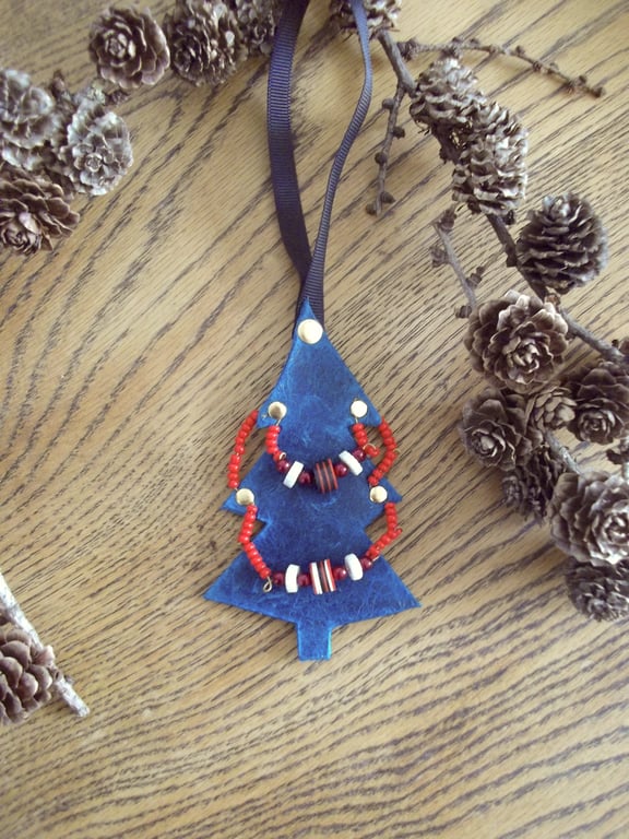 Teal Blue Leather and Vintage Red Bead Christmas Tree Ornament 