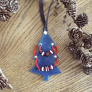 Teal Blue Leather and Vintage Red Bead Christmas Tree Ornament 