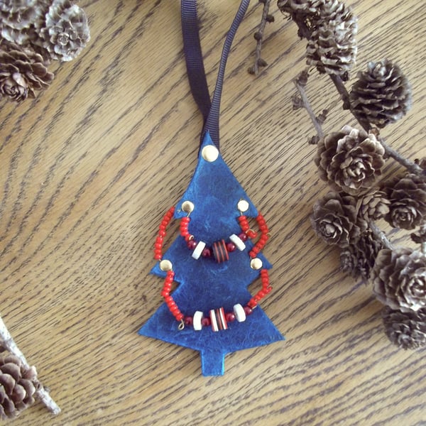 Teal Blue Leather and Vintage Red Bead Christmas Tree Ornament 