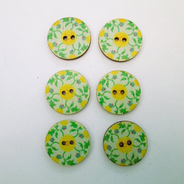 Green and yellow floral wood buttons, set of 6, 2.5cm diameter