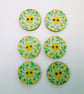 Green and yellow floral wood buttons, set of 6, 2.5cm diameter