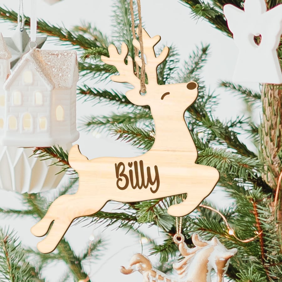 Personalised Wooden Jumping Reindeer Christmas Tree Decoration – Custom Engraved
