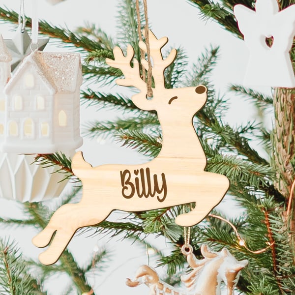 Personalised Wooden Jumping Reindeer Christmas Tree Decoration – Custom Engraved