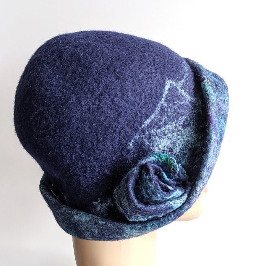Felted wool cloche hat - navy with blue and green brim 