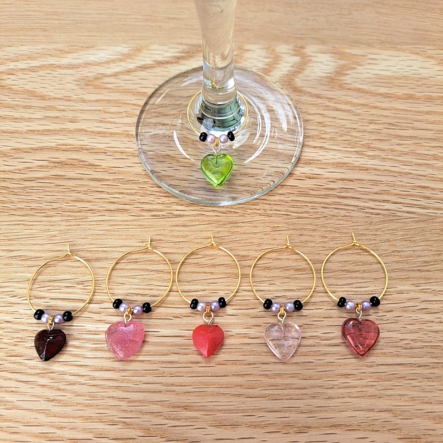 Wine Glass Charms – Set of 6 – Mixed Heart Charms with Black & Pink Seed Beads