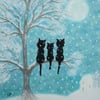 Christmas Card, Cat Tree Snow Card, Three Black Cats Moon Card, Xmas Art Card 