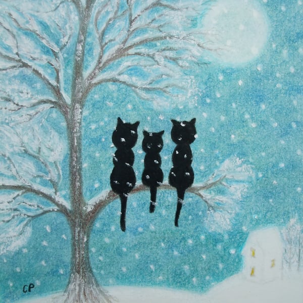 Christmas Card, Cat Tree Snow Card, Three Black Cats Moon Card, Xmas Art Card 