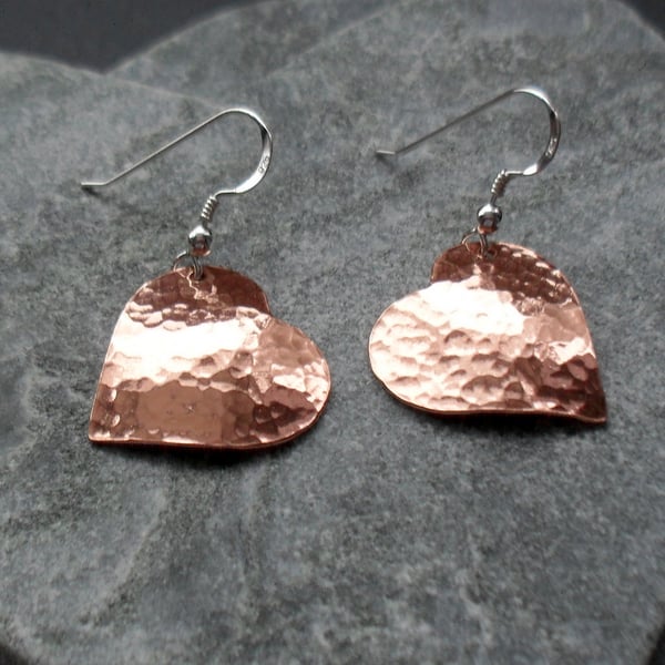   Domed Copper Heart Earrings With Sterling Silver Ear Wires 