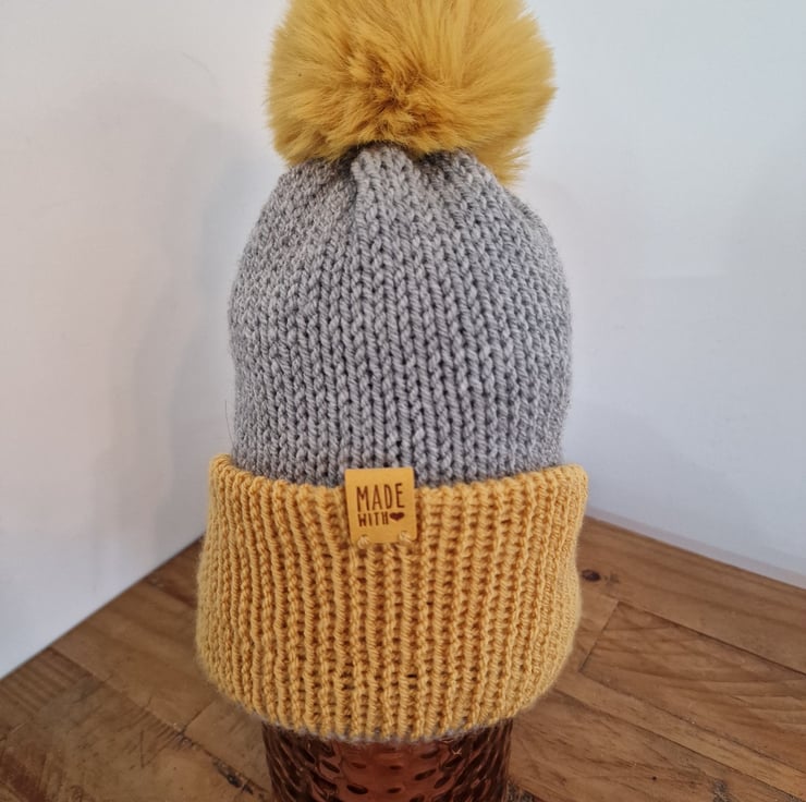 Ladies' Grey and Mustard Yellow Handmade Knitte... - Folksy