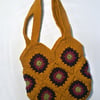 Golden sunburst crochet granny square tote - fabric lined, handmade