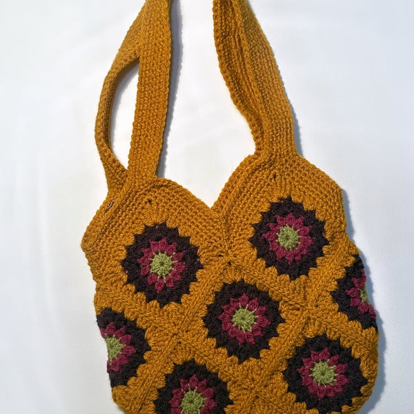 Golden sunburst crochet granny square tote - fabric lined, handmade