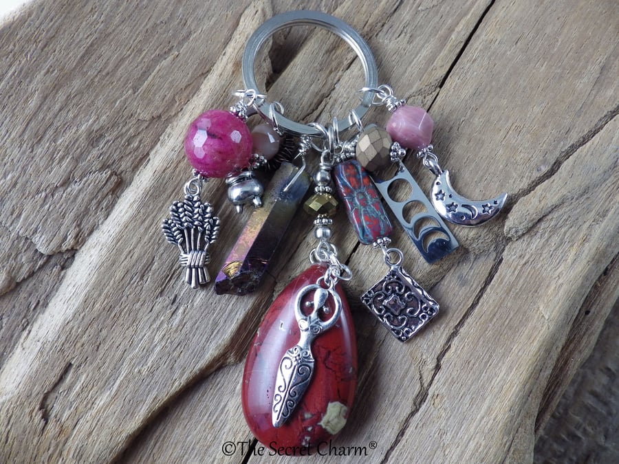 Goddess Cerridwen Jasper & Quartz Bag Charm, Loaded Keychain Keyring