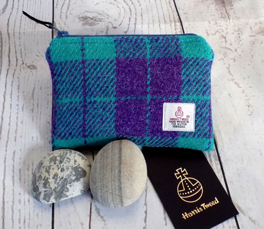 Harris Tweed large coin purse. Check weave in purple and aqua