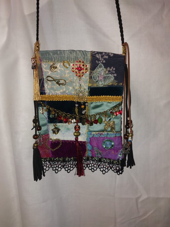 Handcrafted embellished purple  teal velvet Bohemian Gypsy Hippie Festival Bag