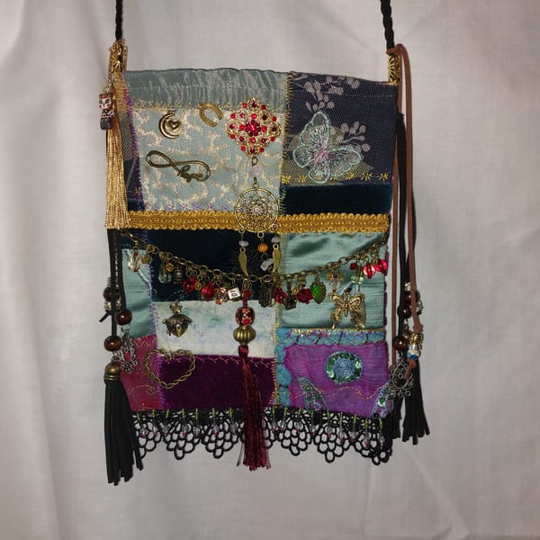 Handcrafted embellished purple  teal velvet Bohemian Gypsy Hippie Festival Bag