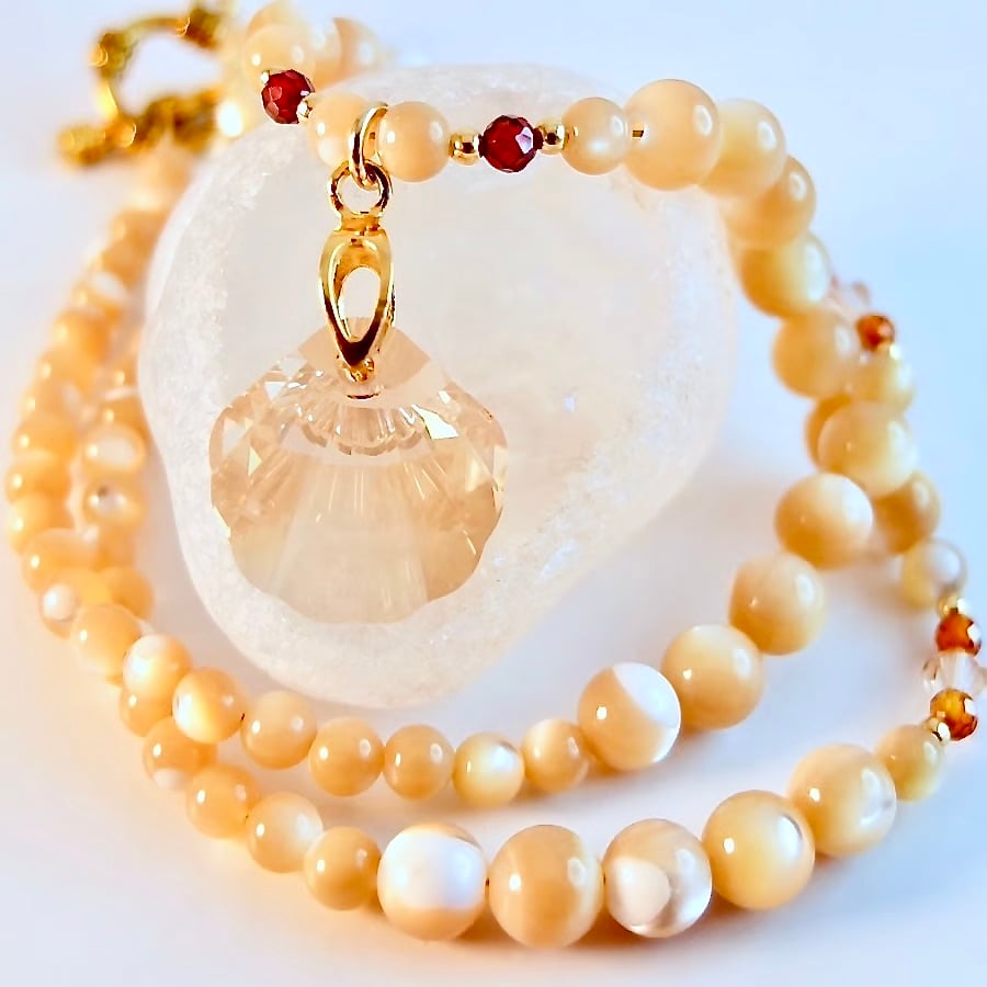 Crystal Scallop Shell Pendant & Mother Of Pearl Necklace, Bridal, Birthday Gift