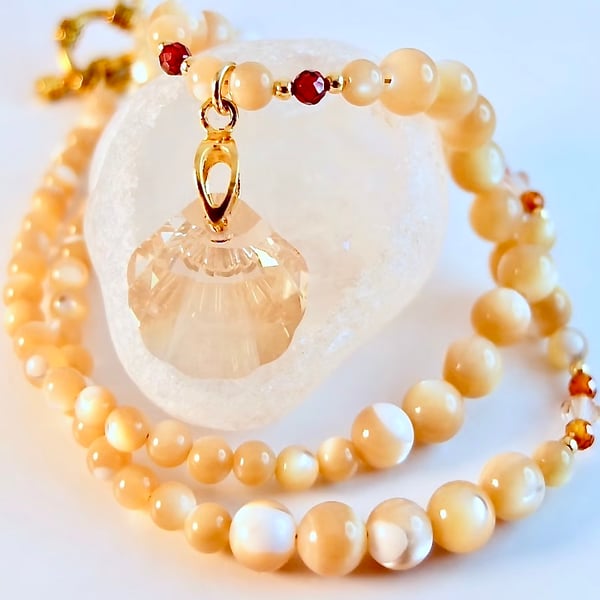 Crystal Scallop Shell Pendant & Mother Of Pearl Necklace, Bridal, Birthday Gift