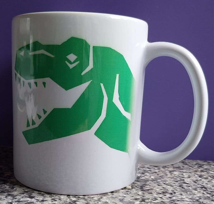 White Ceramic Mug with T Rex Printed Design