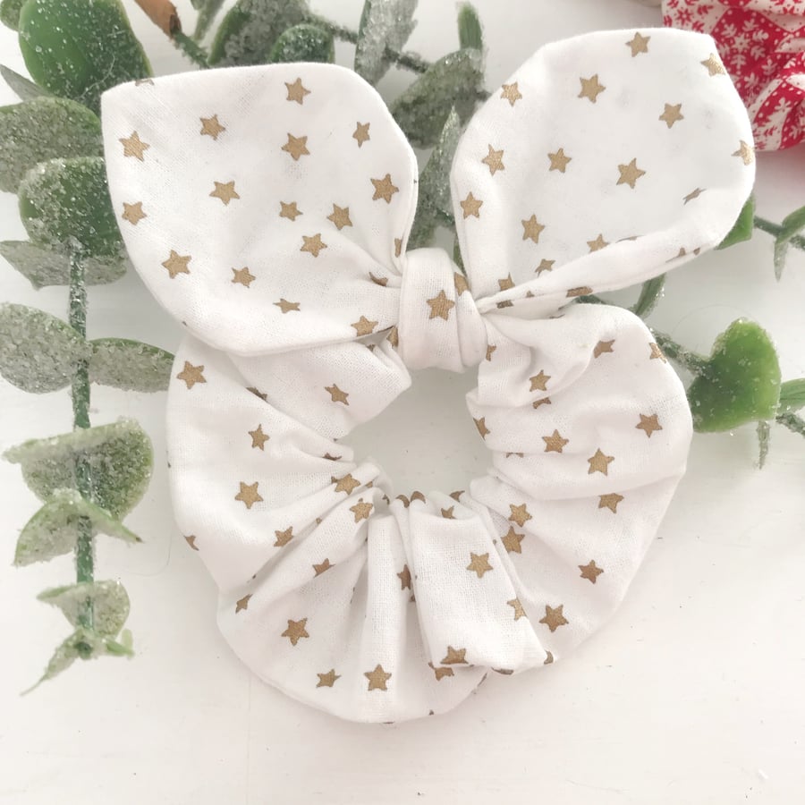 Mouse Ear Scrunchies in Gold and White Christmas Star Fabric