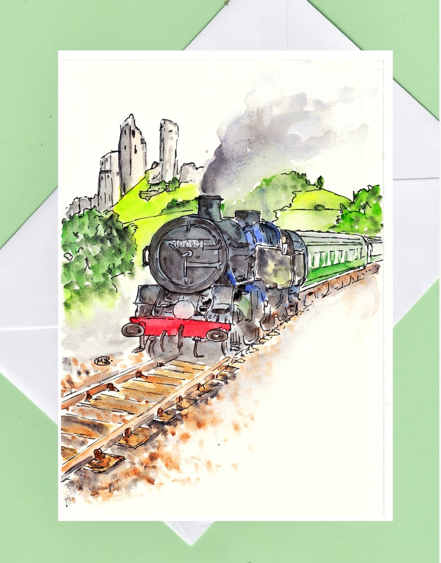 Steam train at Corfe Castle blank card