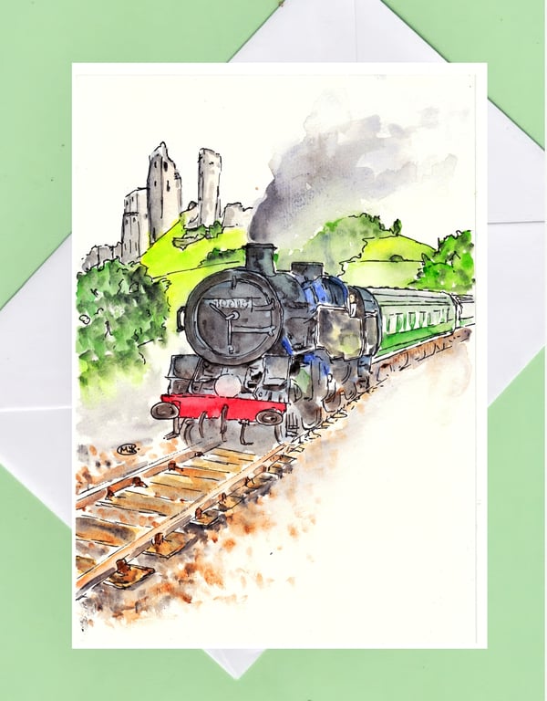 Steam train at Corfe Castle blank card