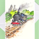 Steam train at Corfe Castle blank card