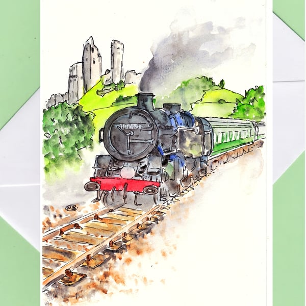 Steam train at Corfe Castle blank card