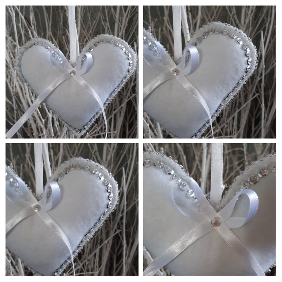 Heart hanger in white felt, silver sequins and seed beads. 