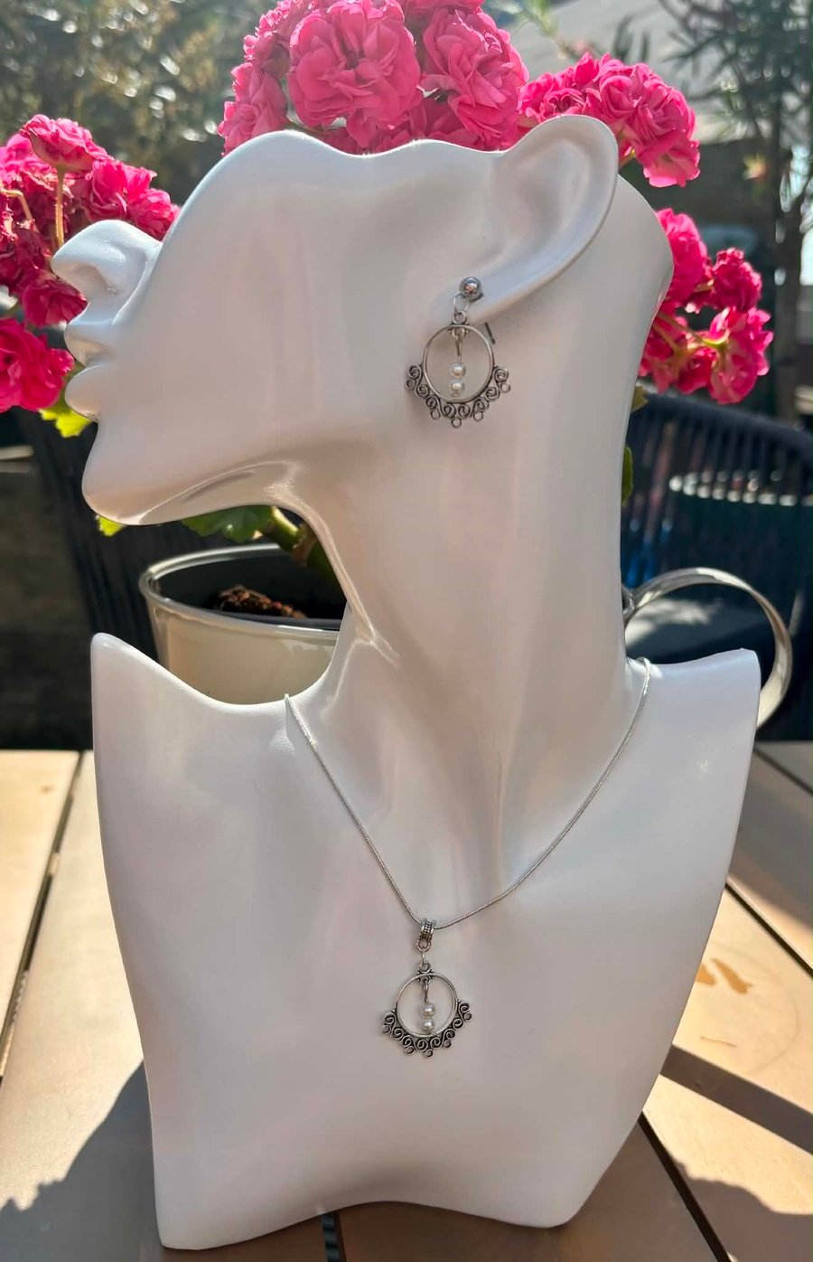 Silver Tone Necklace & Earring Set with Pearl Bead Detail